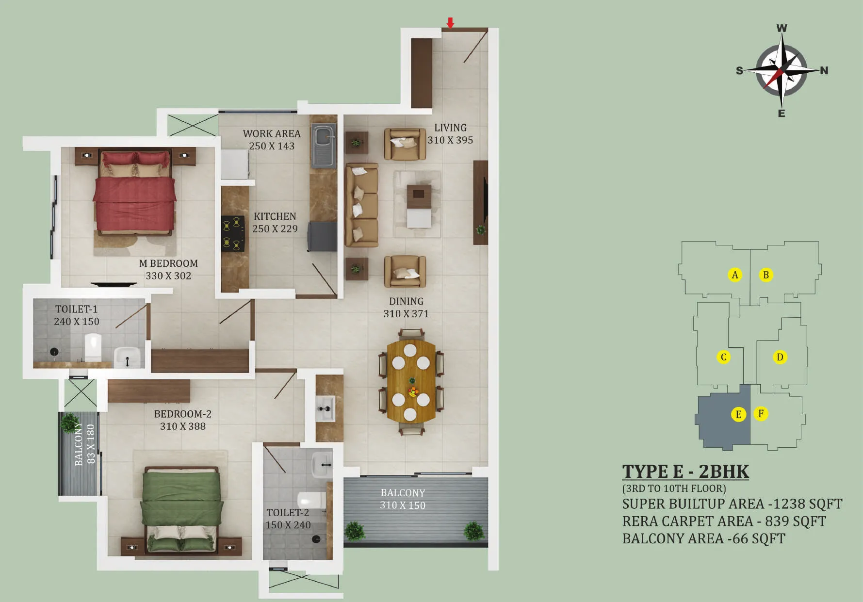 2 BHK 1238 sqft floor plan Kovilakom