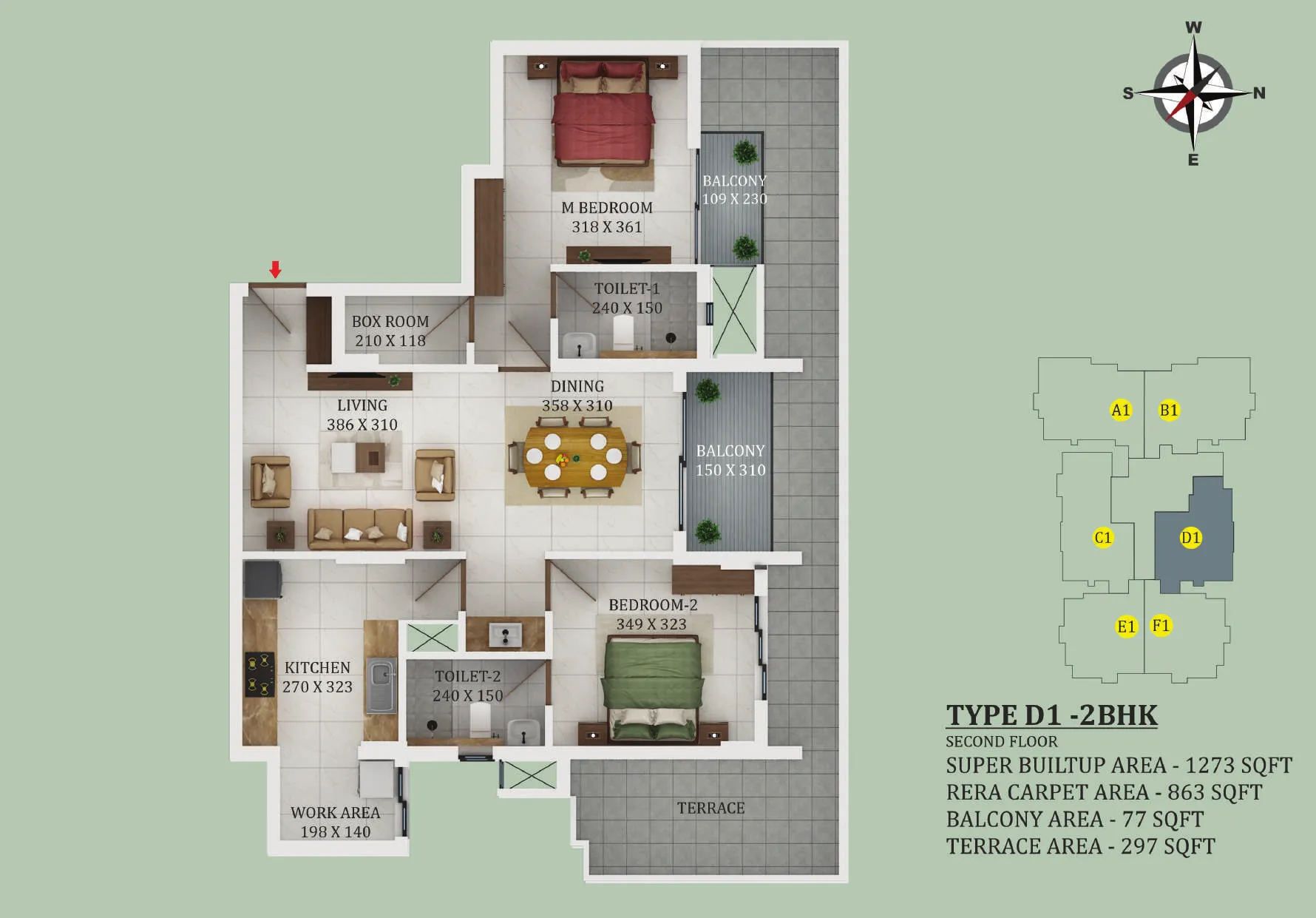2 BHK 1273 sqft floor plan Kovilakom
