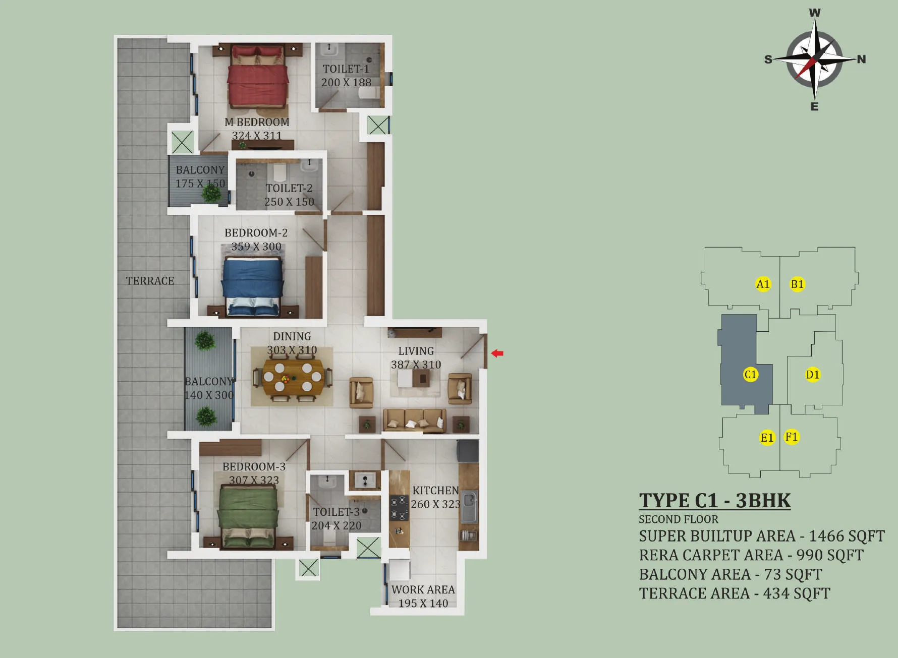 3 BHK 1466 sqft floor plan Kovilakom