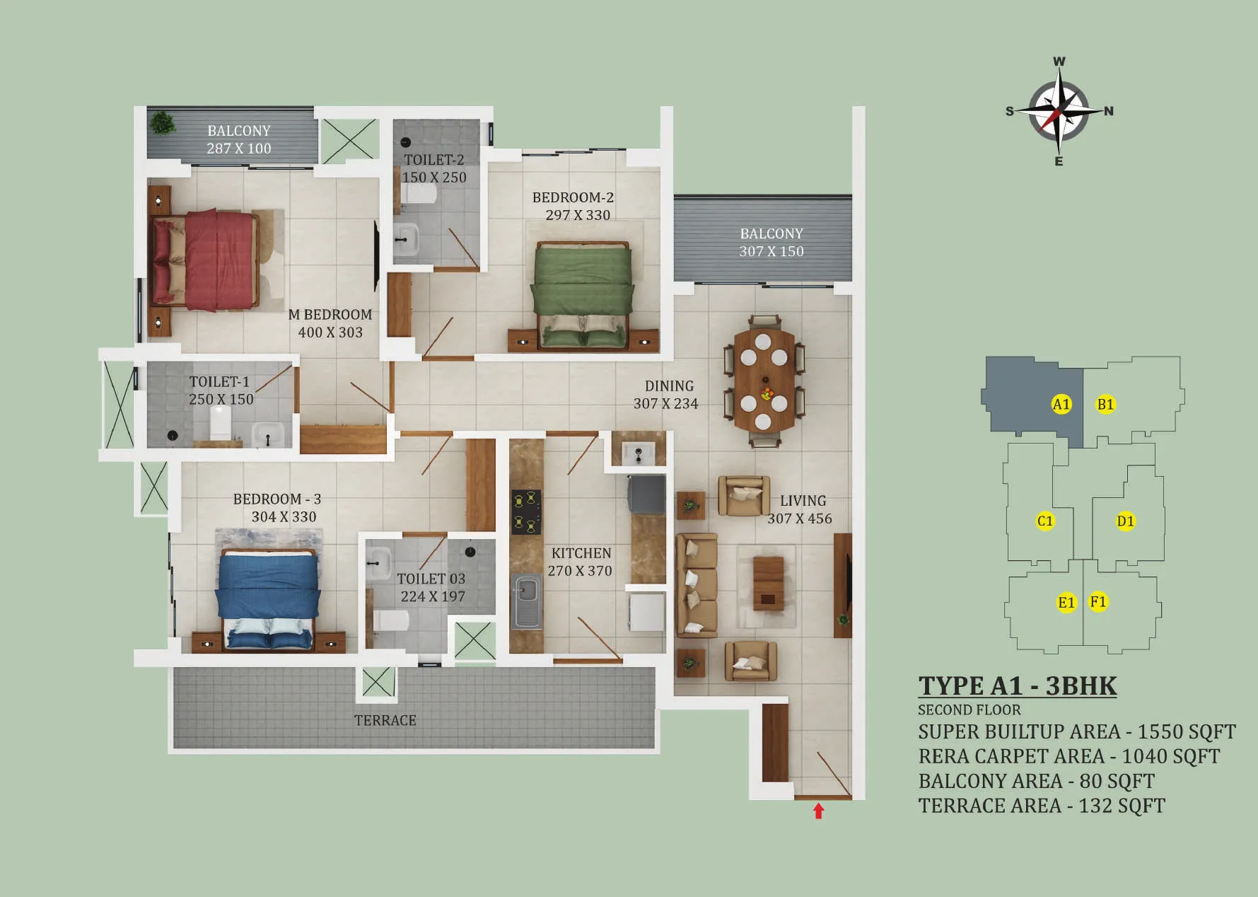 3 BHK 1550 sqft floor plan Kovilakom