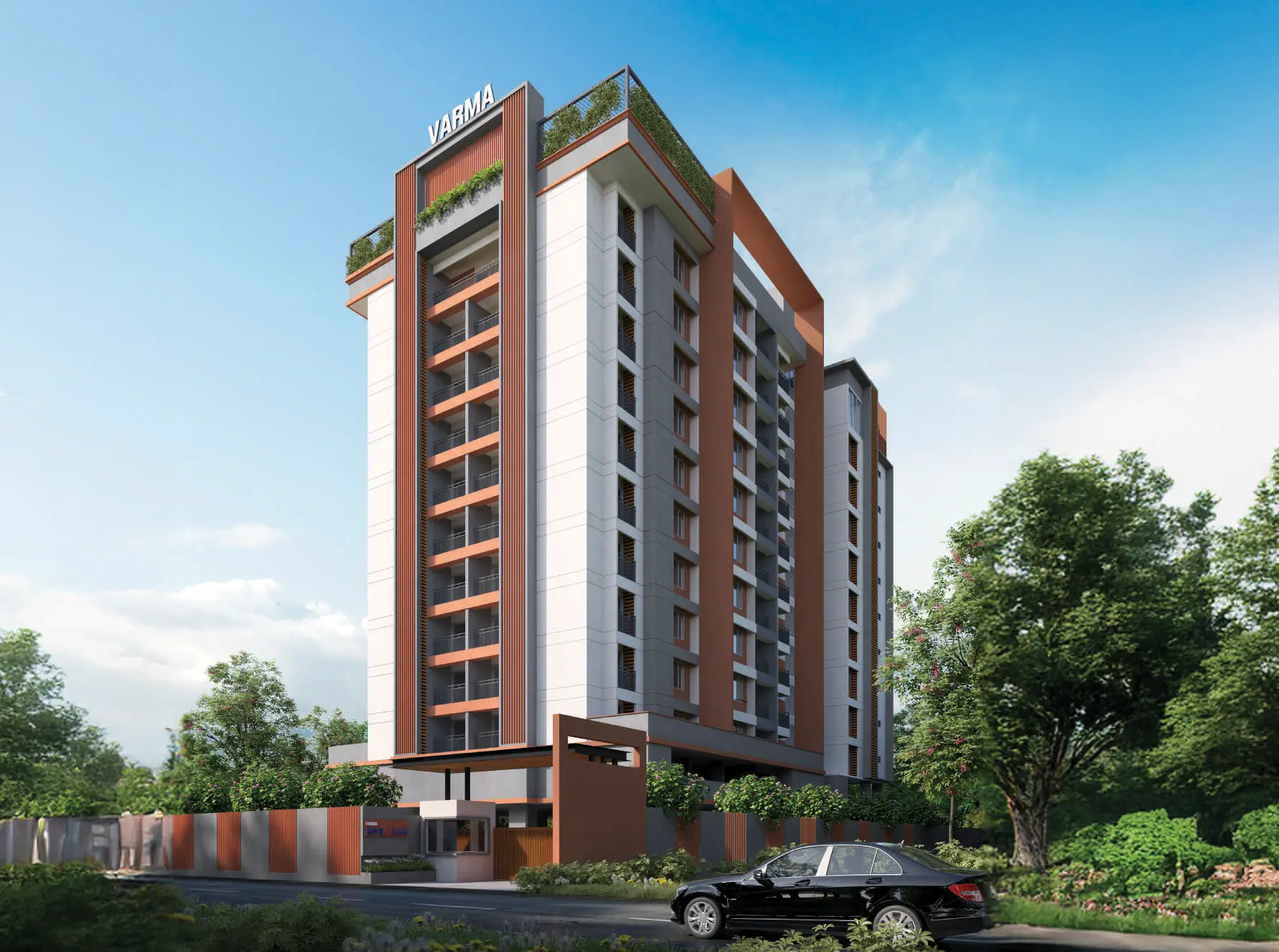 Exterior view highlighting the residential tower