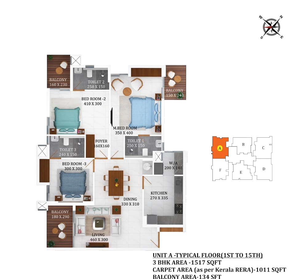 3 BHK 1517 sqft floor plan Queens Gateway
