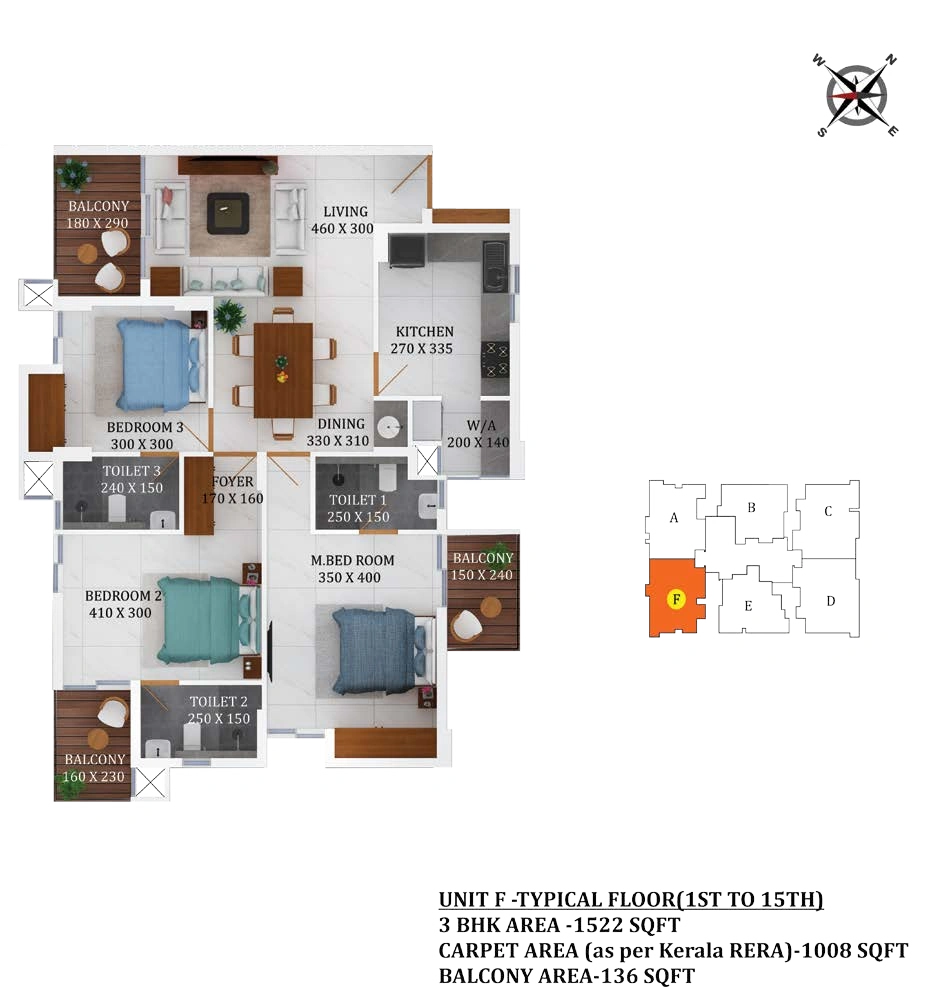 3 BHK 1522 sqft floor plan Queens Gateway