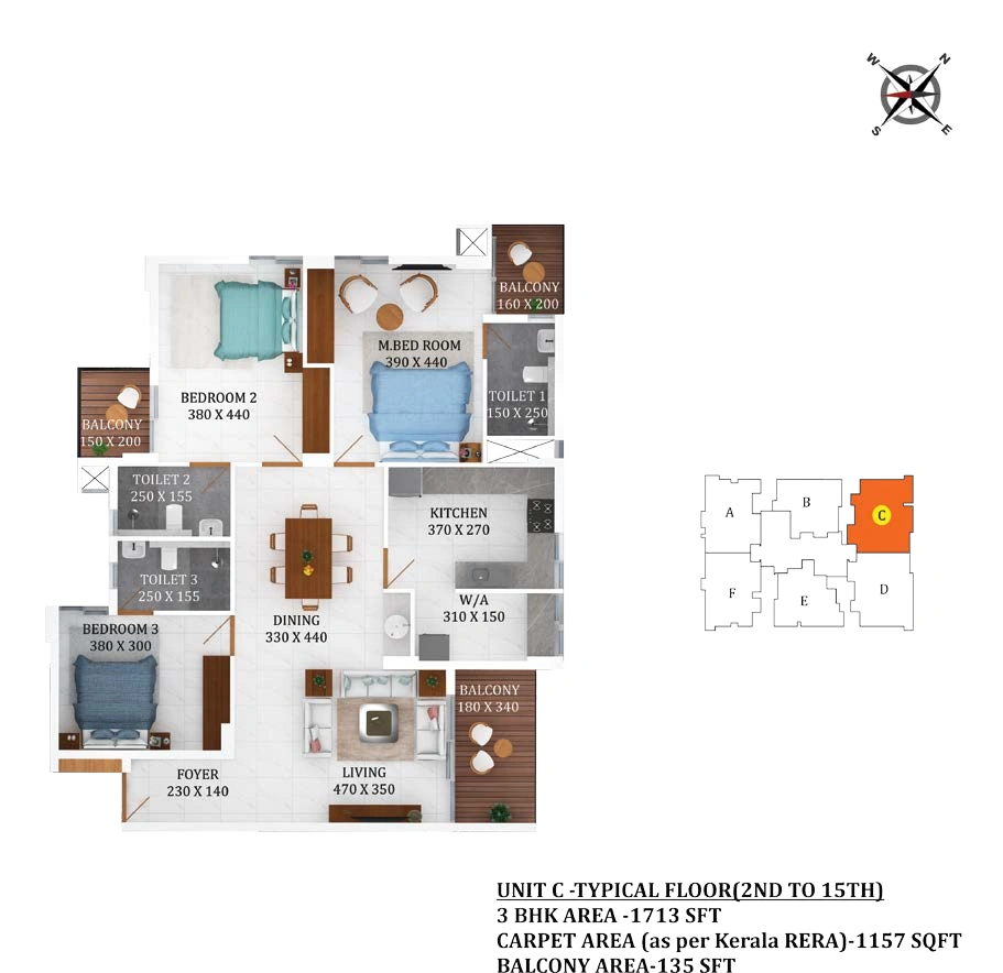 3 BHK 1713 sqft floor plan Queens Gateway