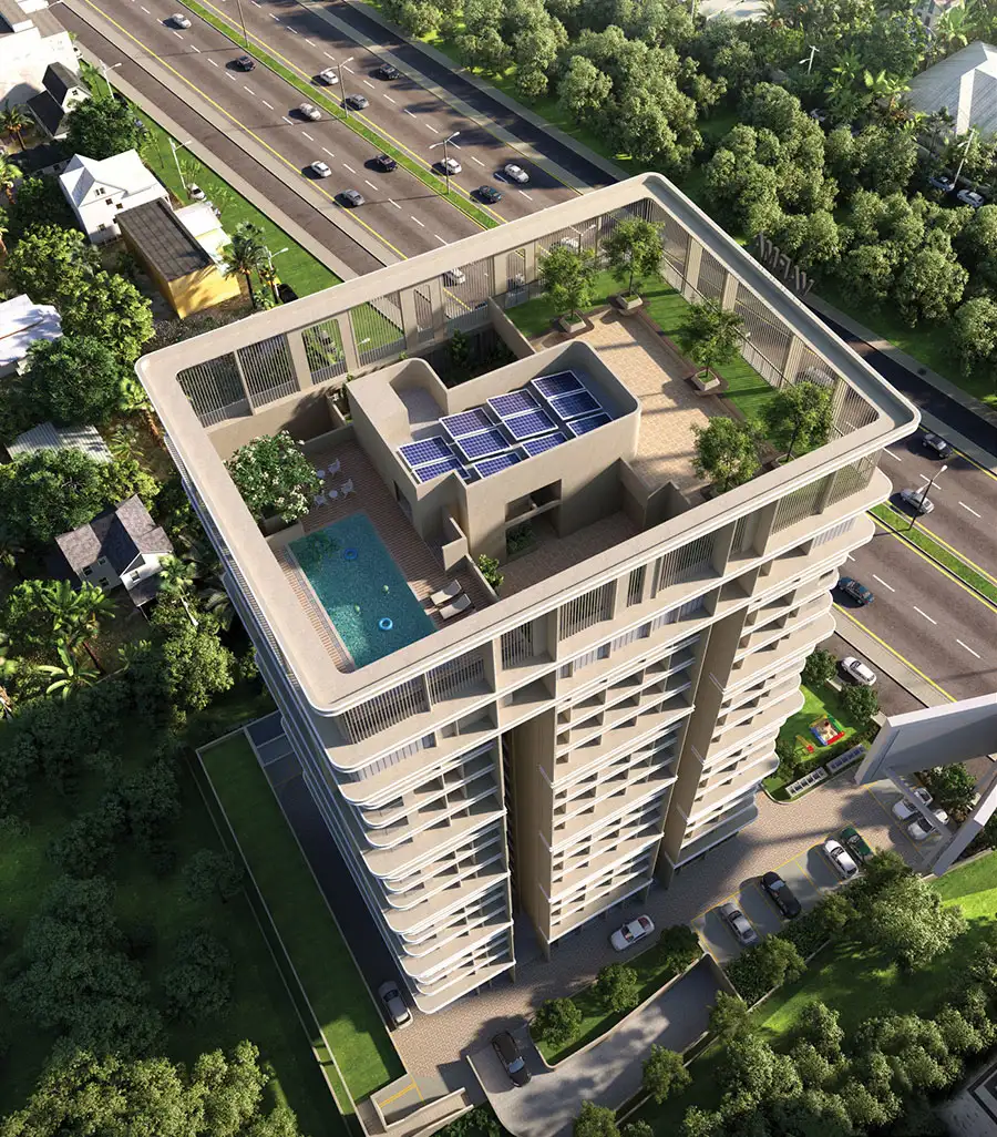 Bird's-eye view showcasing the tower, rooftop amenities, and surroundings