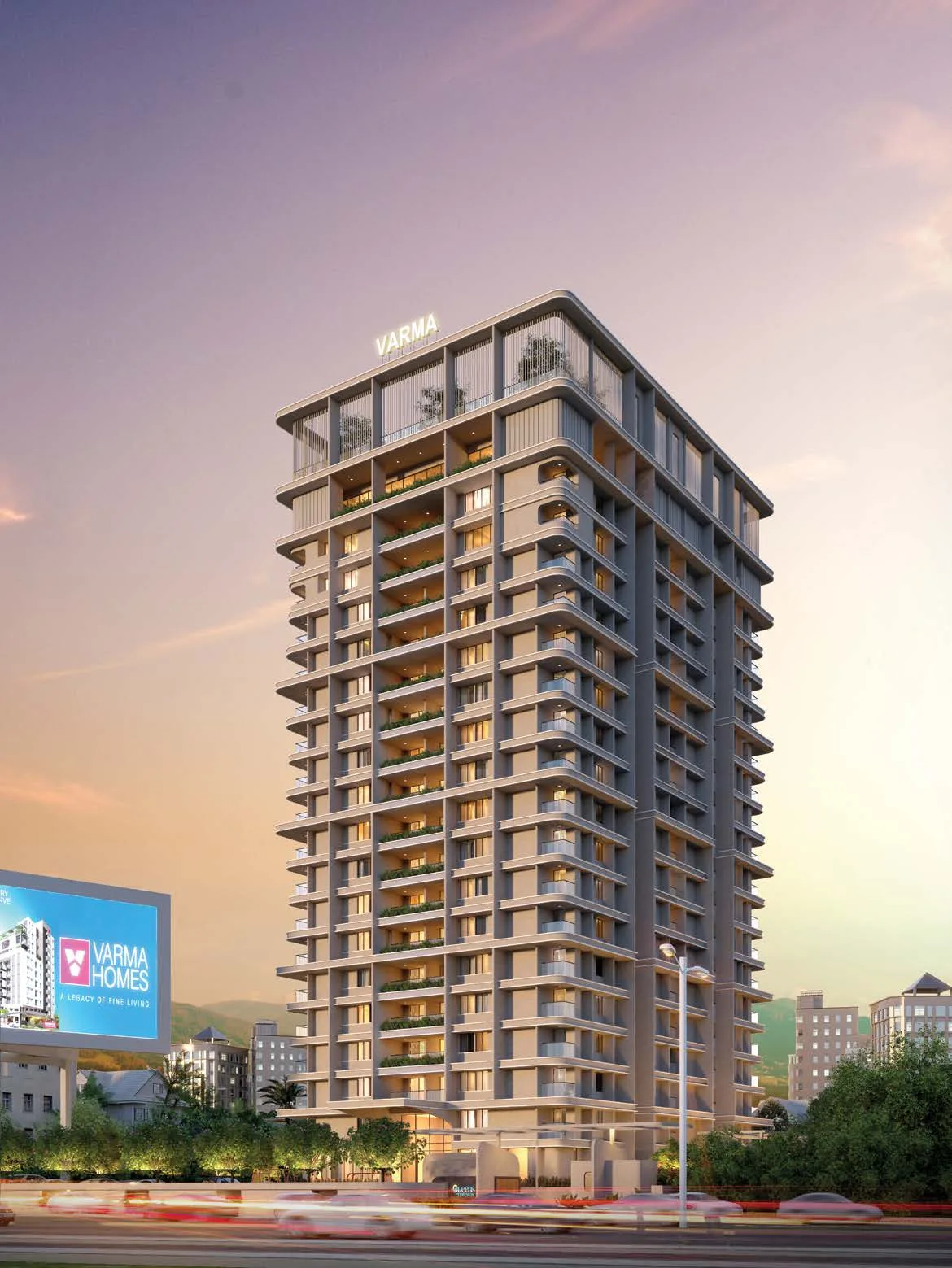Elegant evening view highlighting the illuminated residential tower